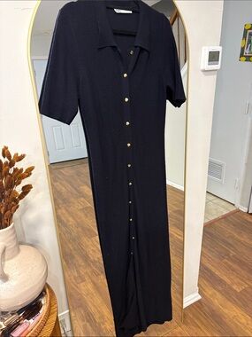 Zara Button Knit Navy Midi Dress